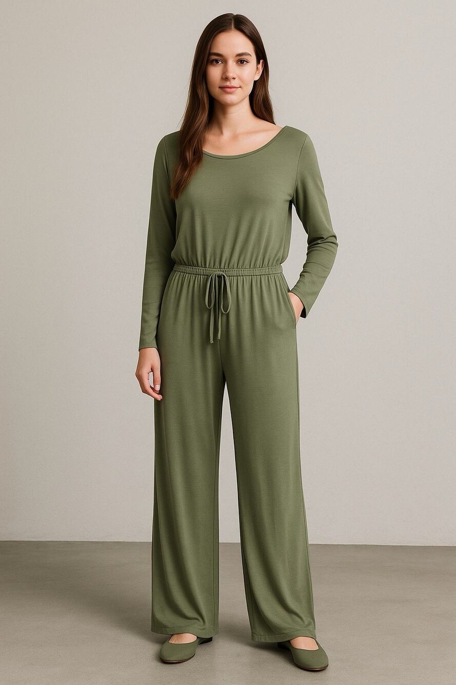 Zenana Premium Long Sleeve Drawstring Waist Jumpsuit Lg Sage green Stretch chic
